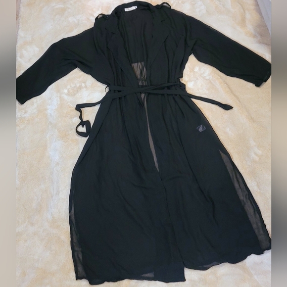 Begonia.K Sheer Black Collared Midi Robe Jacket Cover-up Size XL - Picture 3 of 6